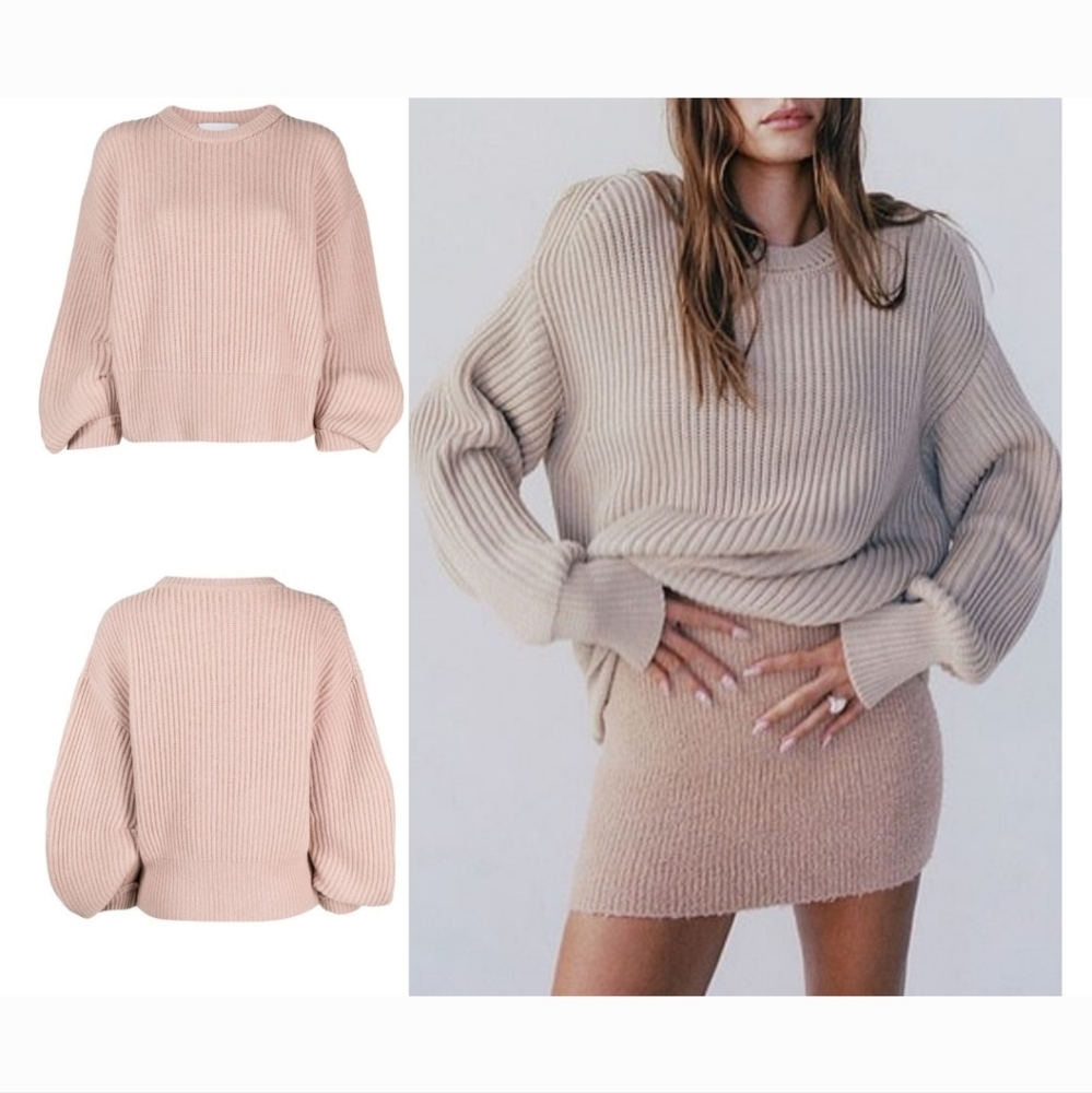 (Nude)Oversized Rose Pink Crew Neck Side Slit Sweater